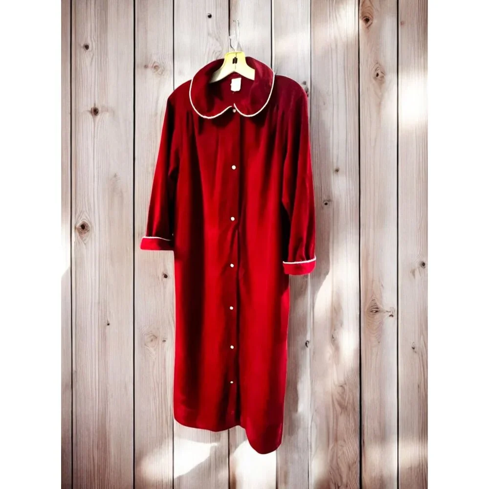 Vintage Red Long Nightgown With White Piping & Peter Pan Collar - Picture 7 of 8